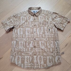 Vintage Sanuk Shirt Men's sz Medium Brown Happy Leaves Short Sleeve Button Up